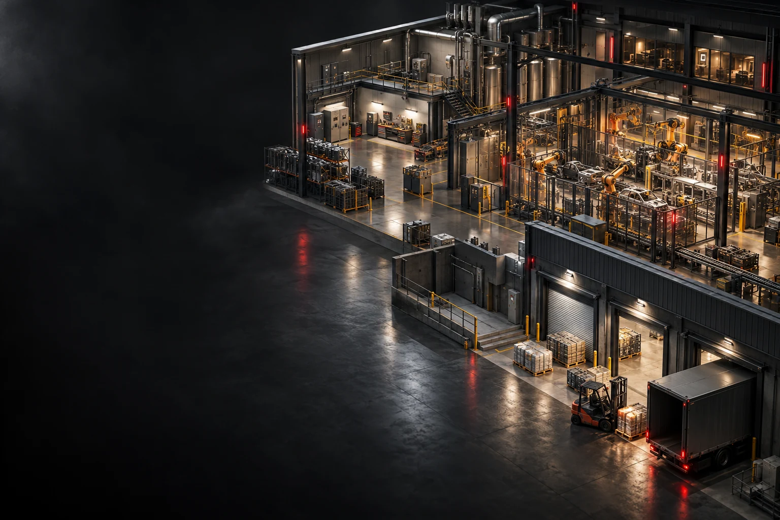 Illustrative cutaway of an industrial facility, with production machinery, a loading area and a maintenance platform